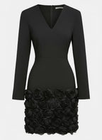 Navy Blue 3D Floral Classic V Neck Long Sleeve Sheath Mini Dress