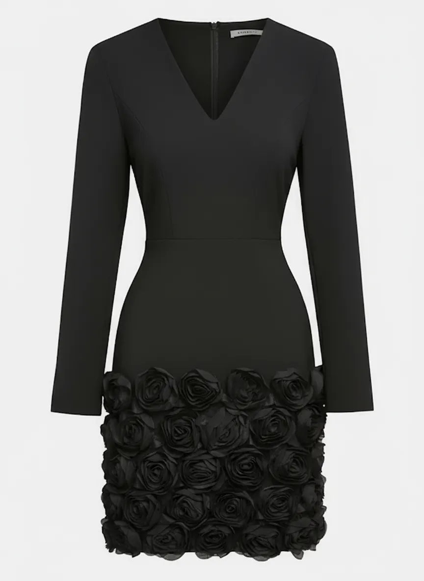 Navy Blue 3D Floral Classic V Neck Long Sleeve Sheath Mini Dress