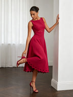 Red Lace Classic Boat Neck Sleeveless A-Line Midi Dress