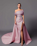 Satin Asymmetric Off-The-Shoulder Sleeveless Long Pleated Mermaid Prom Dress With Appliqués And Split YK0598