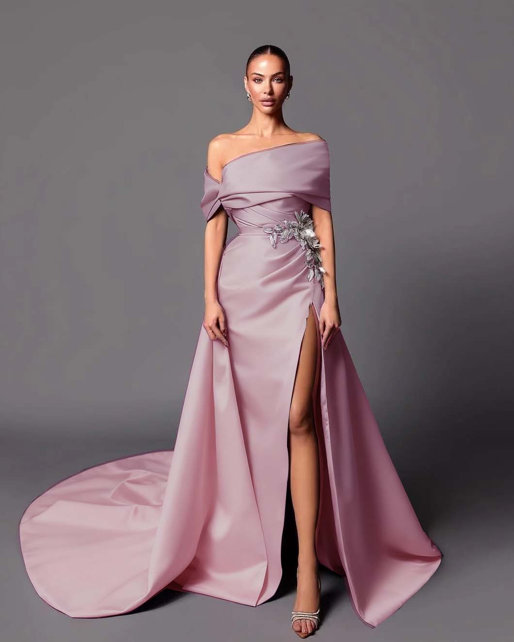 Satin Asymmetric Off-The-Shoulder Sleeveless Long Pleated Mermaid Prom Dress With Appliqués And Split YK0598