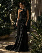 Cocoslly One Shoulder Sleeveless High Waist Long Prom Dress With Rhinstone | Green Chiffon LX0087