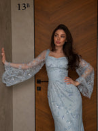 Cocoslly Square Neck Long Sleeves High Waist Long Mermaid Prom Dress | Blue Satin CO0121