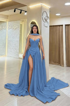 Cocoslly Strapless Sweetheart Sleeveless High Waist Long Split Prom Dress With Scarf | Burgundy Satin YC0479