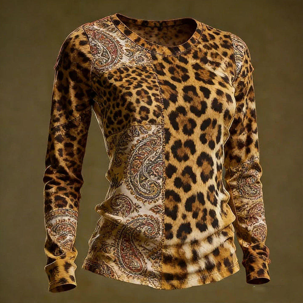 Vintage Hippie Leopard And Paisley Print Casual Crew Neck Top
