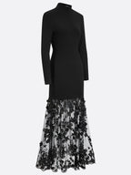 Black Mesh Floral Knit Mock Neck Long Sleeve A-Line Maxi Dress