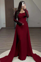 Square Neck Long Sleeves High Waist Long Pleated Mermaid Prom Dress With Beadings And Ruffles YS0057