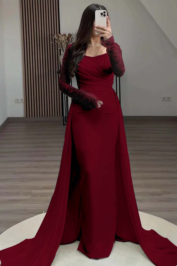 Square Neck Long Sleeves High Waist Long Pleated Mermaid Prom Dress With Beadings And Ruffles YS0057