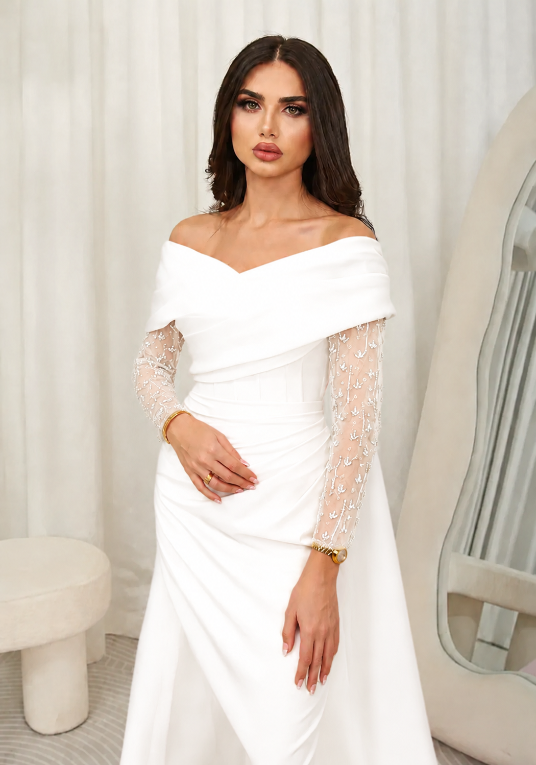 Cocoslly Off-The-Shoulder Long Sleeves High Waist Long Prom Dress With Rhinstone | Blushing Pink Chiffon JZ0100