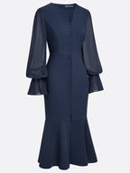 Purplish Blue Buckle Classic V Neck Long Sleeve Bell Sleeve Mermaid Midi Dress