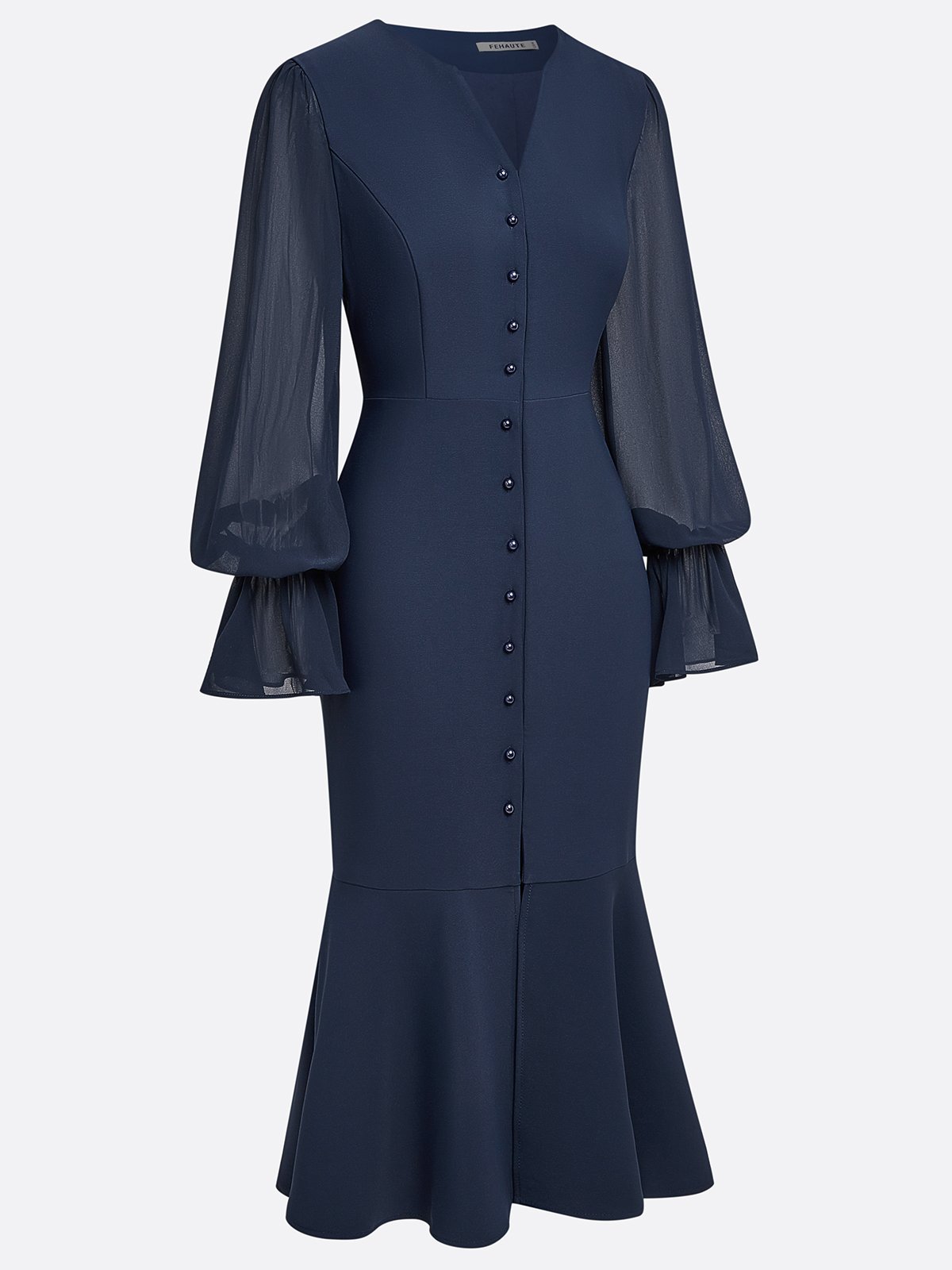 Purplish Blue Buckle Classic V Neck Long Sleeve Bell Sleeve Mermaid Midi Dress