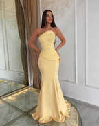 Cocoslly Strapless Sleeveless High Waist Long Mermaid Prom Dress With Appliques | Daffodil Satin LX0089