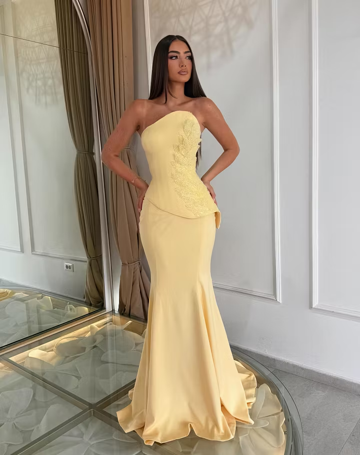 Cocoslly Strapless Sleeveless High Waist Long Mermaid Prom Dress With Appliques | Daffodil Satin LX0089