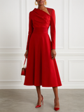 Red Classic Asymmetrical Long Sleeve A-Line Midi Dress