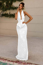 Halter V Neck Sleeveless Long Mermaid Prom Dress With Appliques WQ0176