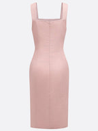 Pink Buckle Pocket Stitching Tweed Spaghetti Sleeveless Sheath Midi Dress