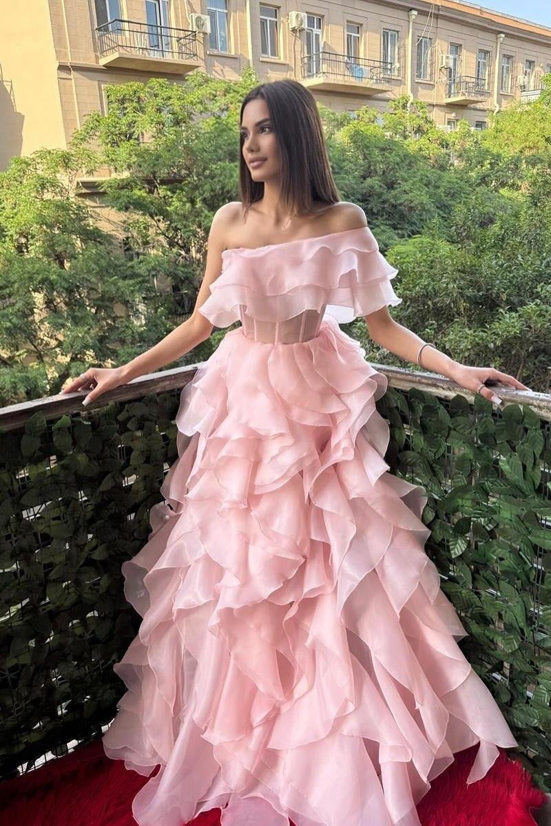 Cocoslly One Shoulder Sleeveless High Waist Long Prom Dress With Ruffles | Pink Chiffon XJ0753