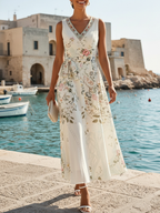 White Floral Classic V Neck Sleeveless A-Line Maxi Dress