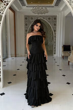 Cocoslly Strapless Sleeveless High Waist Long Prom Dress With Ruffles | Nude Champage Chiffon YC0565