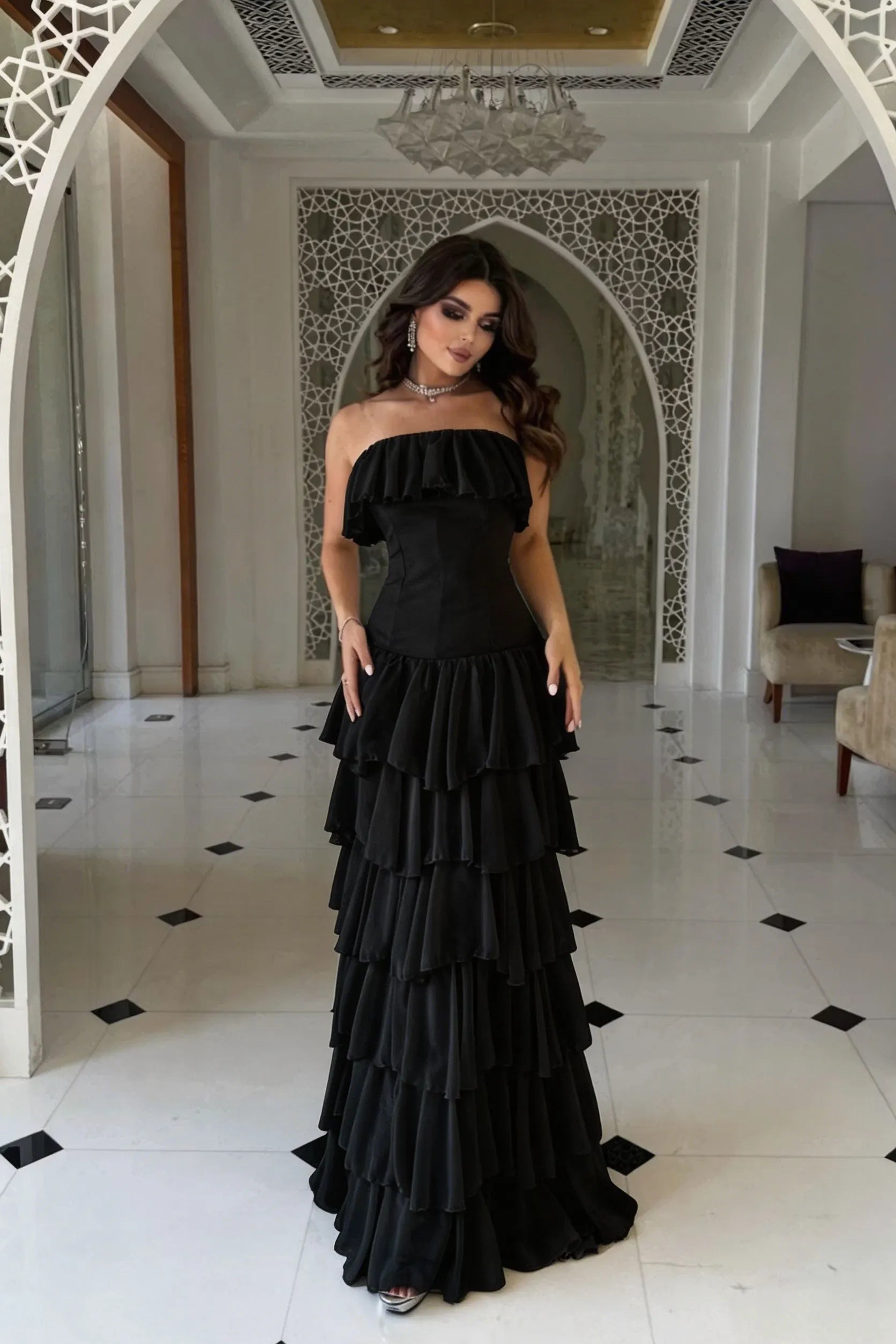 Cocoslly Strapless Sleeveless High Waist Long Prom Dress With Ruffles | Nude Champage Chiffon YC0565