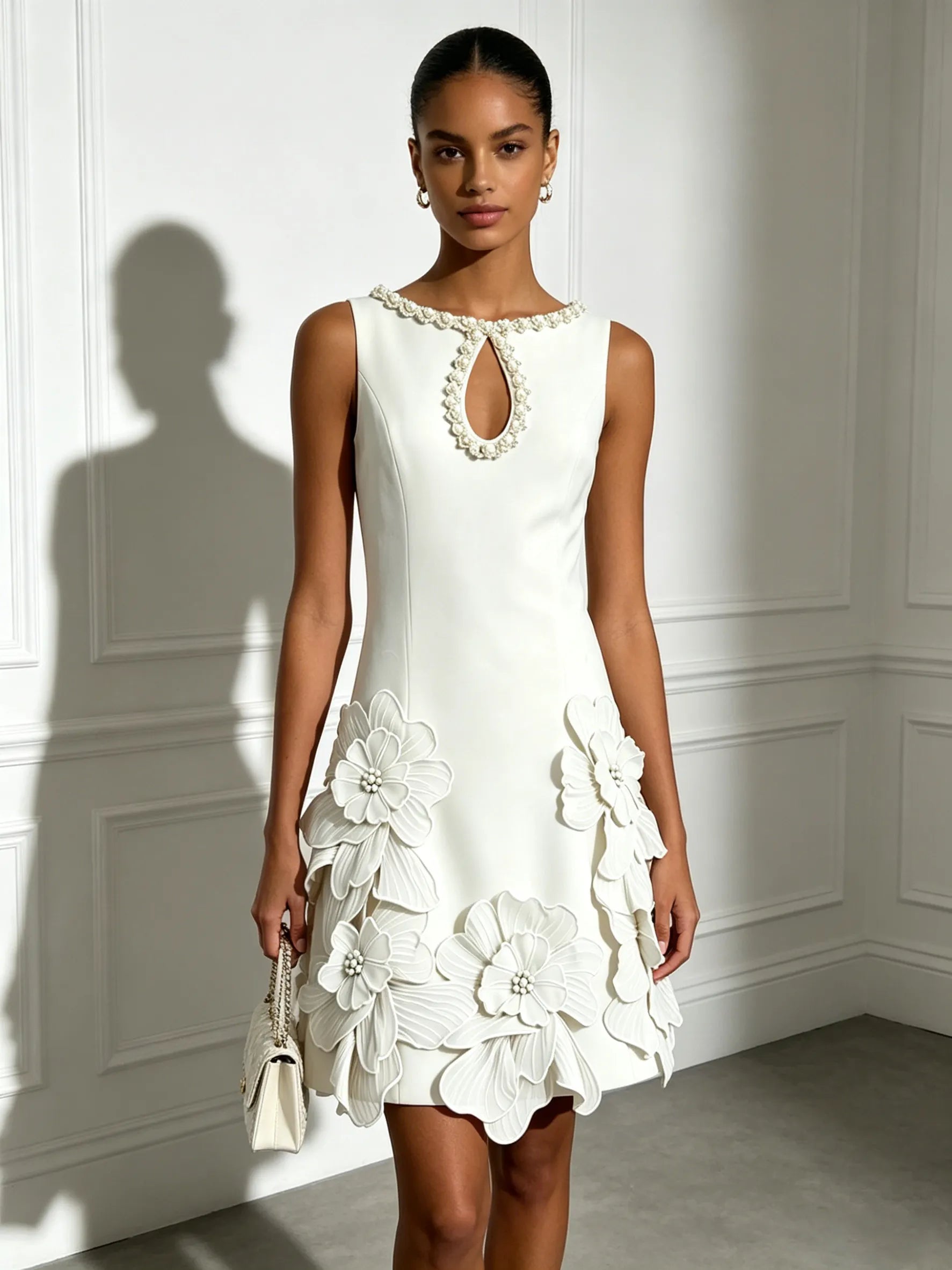 White 3D Floral Pearl Classic Boat Neck Sleeveless A-Line Mini Dress
