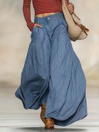 Retro Boho Red Striped V-Neck Long-Sleeve Top And Blue Pinstripe Wide-Leg Culotte Set