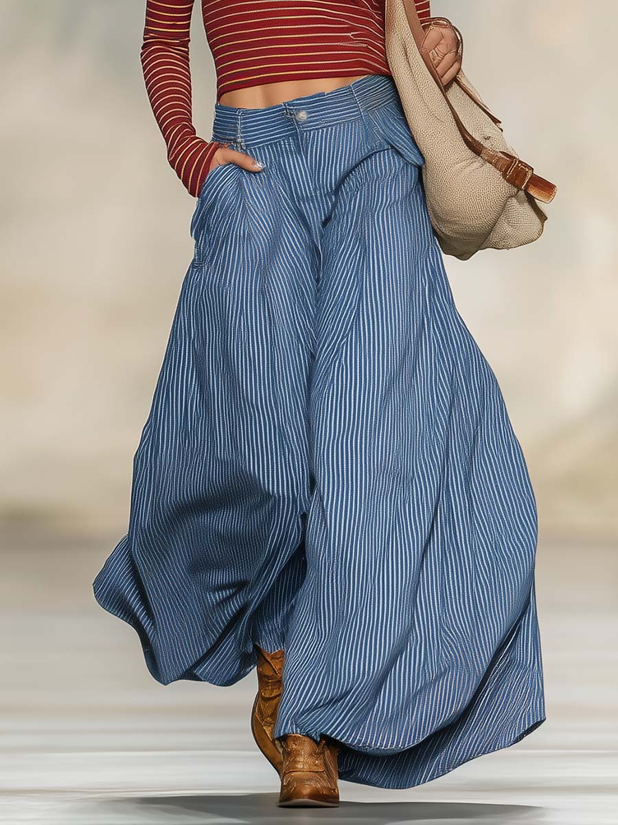 Retro Boho Red Striped V-Neck Long-Sleeve Top And Blue Pinstripe Wide-Leg Culotte Set