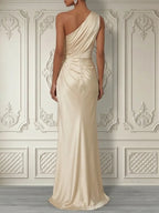 Champagne 3D Floral Ruched Satin One Shoulder Sleeveless Sheath Floor-length Gown Dress