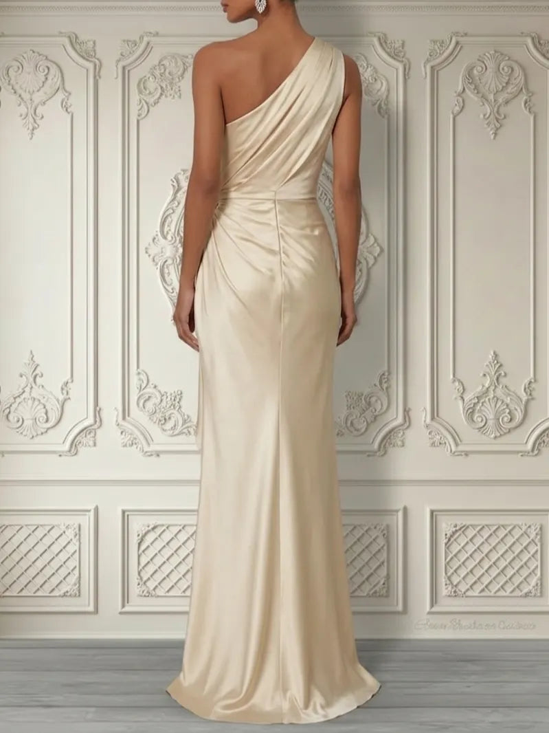 Champagne 3D Floral Ruched Satin One Shoulder Sleeveless Sheath Floor-length Gown Dress