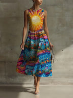 Vintage Hippie Sun Patchwork Pattern Linen Maxi Dress
