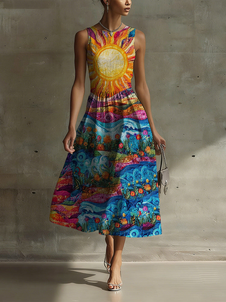 Vintage Hippie Sun Patchwork Pattern Linen Maxi Dress