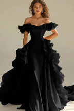 Off the Shoulder Sleeveless Long Mermaid Prom Dress With Ruffles JQ0149