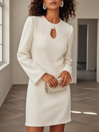 White Faux Pearl Cut Out Classic Crew Neck Long Sleeve Sheath Mini Dress