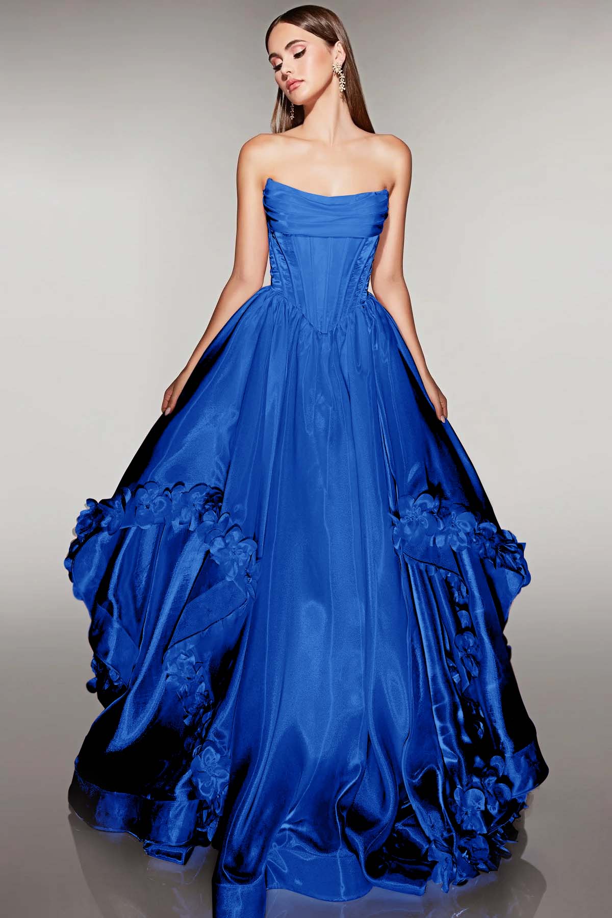 Cocoslly Strapless Sleeveless High Waist Long A Line Prom Dress With Flowers | Pink Satin
