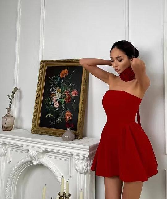 Cocoslly Strapless Sleeveless High Waist Short Prom Dress With Flower | Red Satin ZT0783