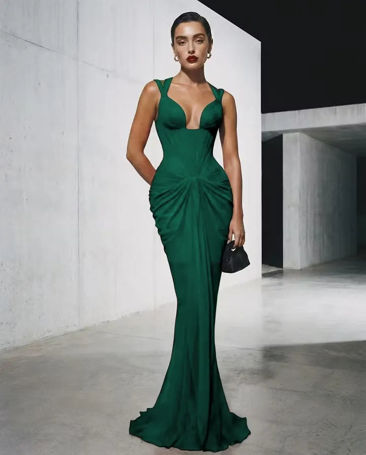 Cocoslly Spaghetti Straps Sleeveless High Waist Long Mermaid Prom Dress With Pleated | Red Satin LX0112