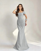 Cocoslly Square Neck Sleeveless High Waist Long Mermaid Prom Dress With Pleated | Burgundy Satin DB0128