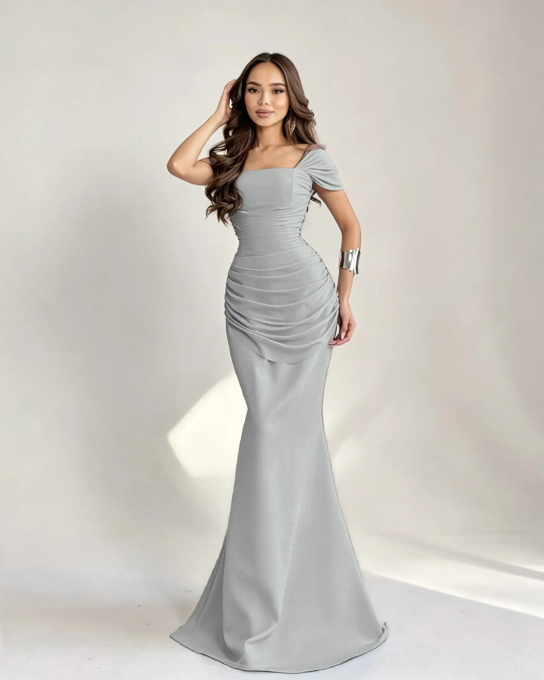 Cocoslly Square Neck Sleeveless High Waist Long Mermaid Prom Dress With Pleated | Burgundy Satin DB0128