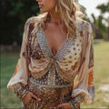 Women's Bohemian Polka Dot Leopard Print V-neck Long Sleeve Top