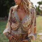 Women's Bohemian Polka Dot Leopard Print V-neck Long Sleeve Top