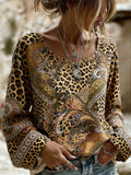 Vintage Hippie Leopard And Paisley Print Casual Crew Neck Long Sleeve Top