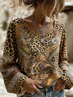 Vintage Hippie Leopard And Paisley Print Casual Crew Neck Long Sleeve Top