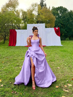 Satin Halter Neck Strapless Sleeveless Long A-Line Prom Dress With Pleated And Split YK0728