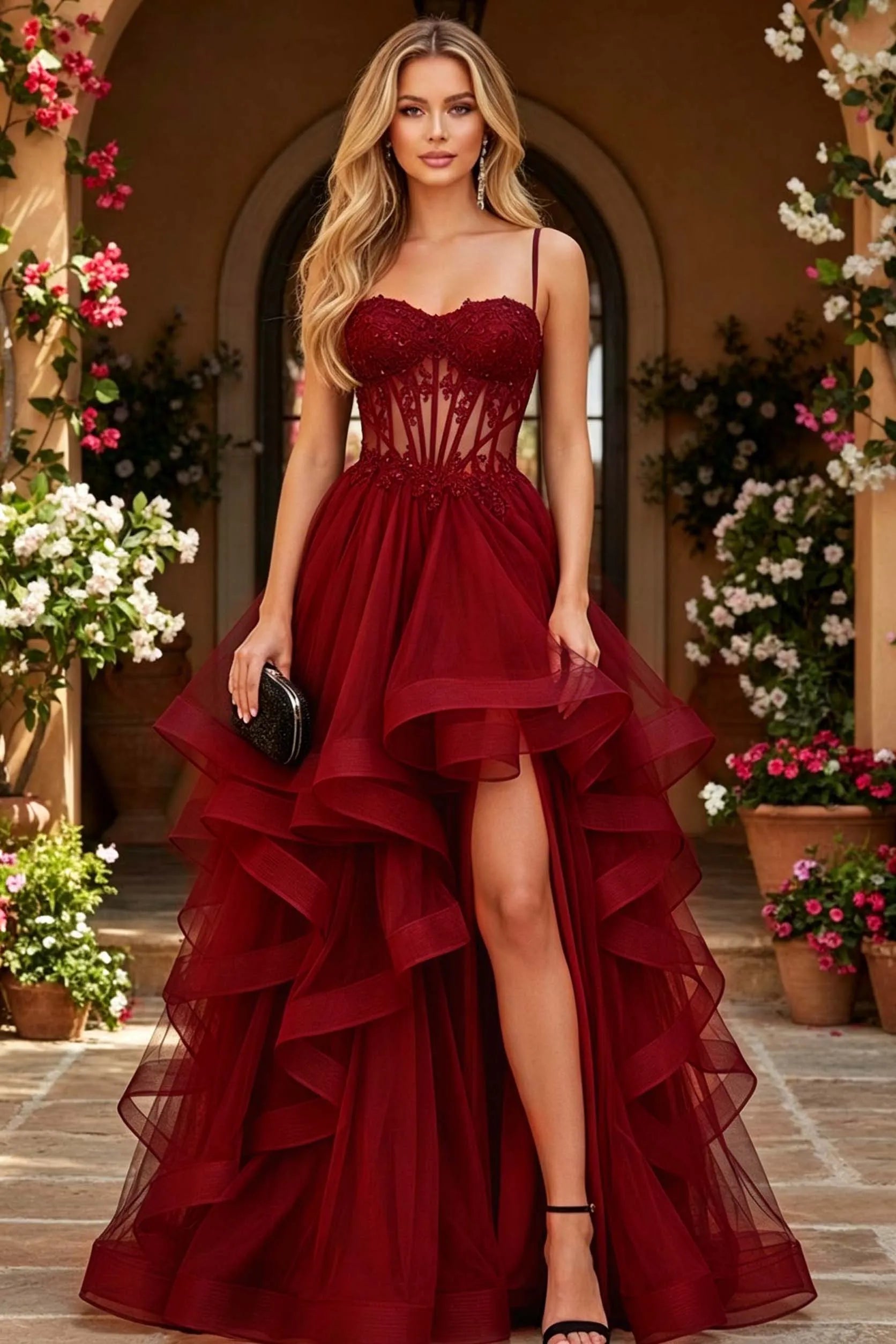 Cocoslly Spaghetti Straps Sleeveless High Waist Long Prom Dress With Beading Pearls And Split | Black Tulle LR0136