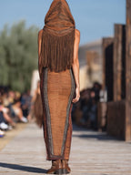 銆�24-hour shipping out銆慦estern Retro Colorful Striped Knitted Tassel Hooded Slit Maxi Dress