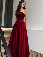 Satin Strapless Sleeveless High-Waisted Long A-Line Prom Dress With Pleated YK0638