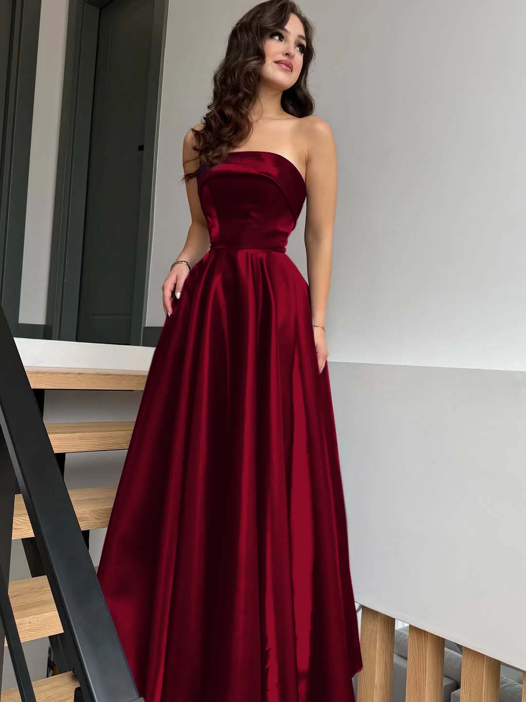 Satin Strapless Sleeveless High-Waisted Long A-Line Prom Dress With Pleated YK0638