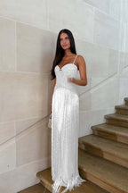 Cocoslly Spaghetti Straps Sleeveless Long Prom Dress With Beadings Tassel | Gold Beaded-Embroidered ZA0298