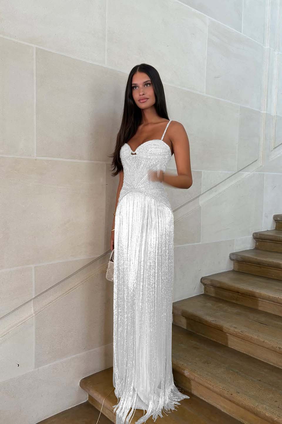 Cocoslly Spaghetti Straps Sleeveless Long Prom Dress With Beadings Tassel | Gold Beaded-Embroidered ZA0298
