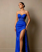 Cocoslly Spaghetti Straps Sleeveless High Waist Long Prom Dress With Split And Beading Pearls | Dark Green Satin LX0098